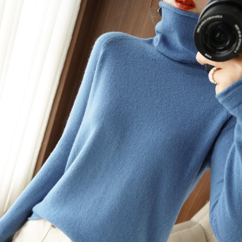 Women's High Neck Knit Sweater: Long Sleeve, Solid Color, Loose Fit, Stylish Autumn/Winter Base Layer