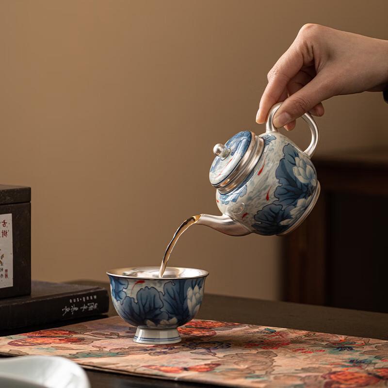 Gilded Silver Lotus Blue & White Porcelain Tea Set