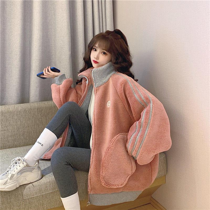 Women's Pink Lambswool Fleece-Lined Coat - Winter Korean Style Loose Cardigan with Stand Collar