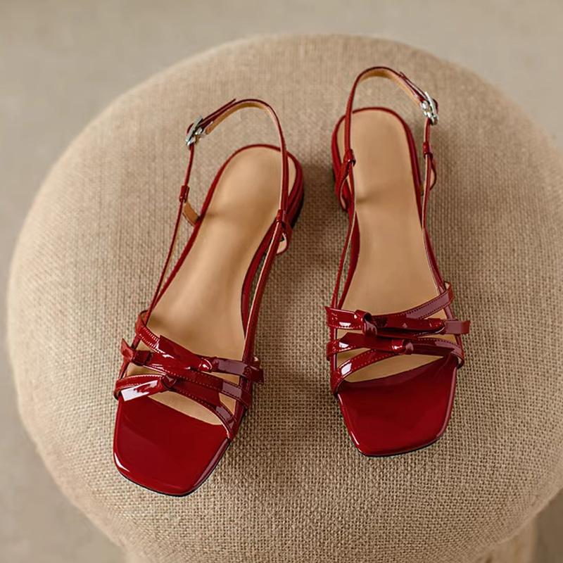 

Fashion Elegant Patent Leather Bowknot Sandals Woman Brand Design Low Heel Strappy Sandalias Ladies Summer Buckle Strap Slingback Shoes 35