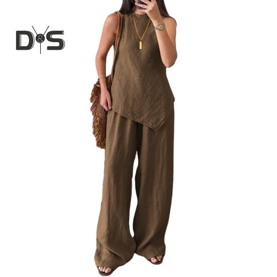 2-teiliges Outfit für Damen mit unregelmäßigem Saum, ärmelloses Oberteil mit Rundhalsausschnitt, Hose mit weitem Bein, Lounge-Set, lässiger Sommer-Trainingsanzug