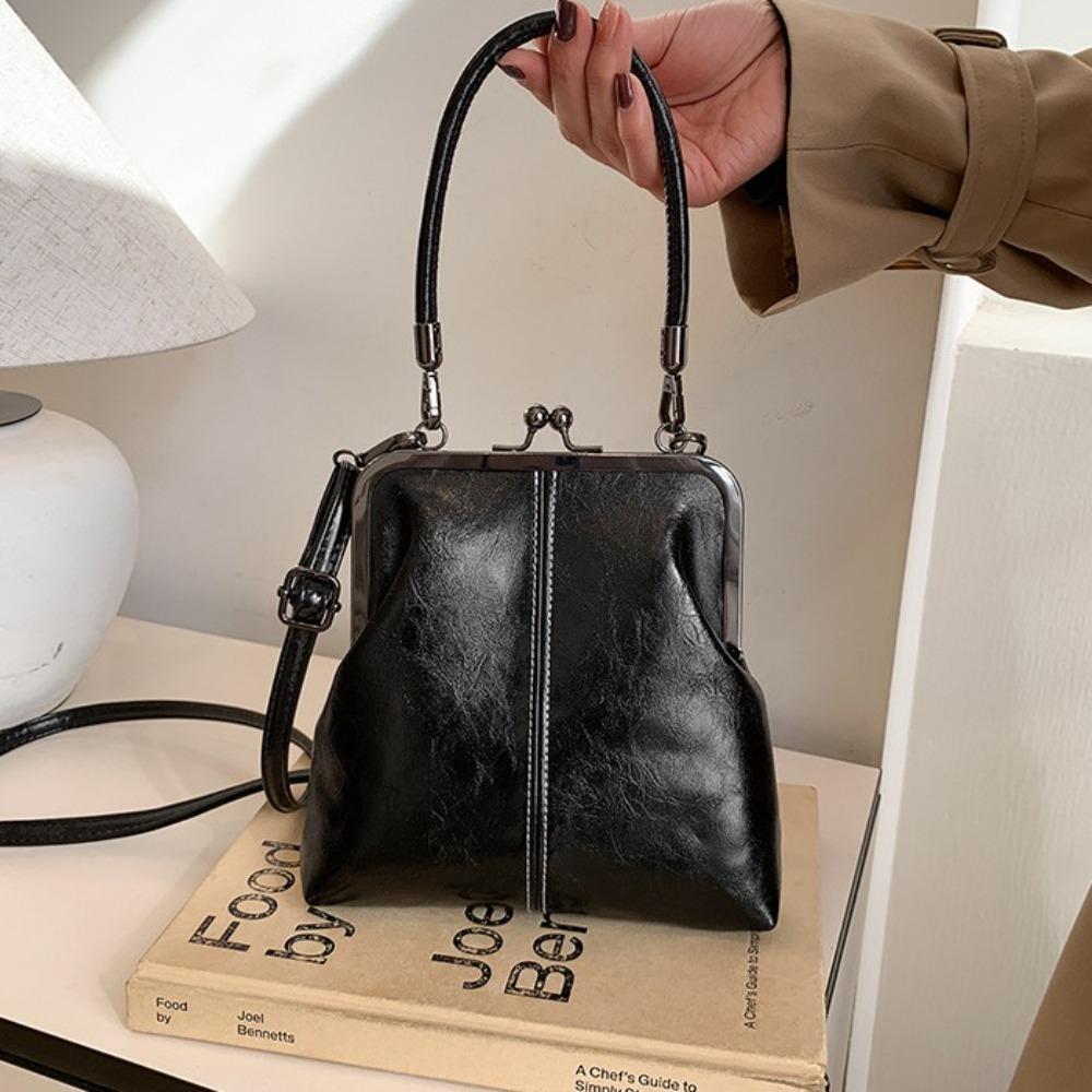 Elegant Kiss Lock Shoulder Bag Large Capacity PU Leather Chinese Style Crossbody Bag Solid Color Retro Vintage Women's Handbag