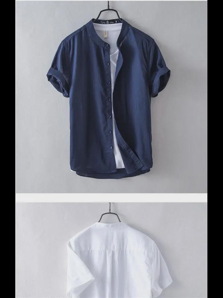 Men's Chinese Stand Collar Linen Shirt - Short-Sleeve, Loose Fit, Summer Casual Trend