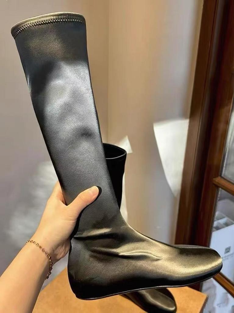 2025 autumn new Korean version round head elastic thin boots retro thin inner height increase knight high boots women