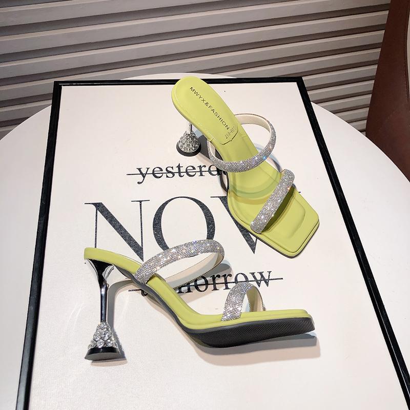 

Летние хрустальные шлепанцы с узким ремешком для женщин, модные, с открытым носком, элегантные, для вечеринок, на высоком каблуке 35 зелёный