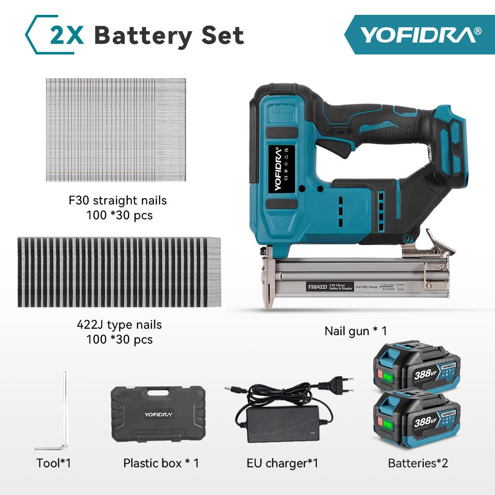 Yofidra Chiodatrice elettrica senza spazzole 30mm 2in1 Chiodatrice/Graffettatrice a batteria Chiodatrice per carpenteria Tacker Strumento per batteria Makita 18V Spilli