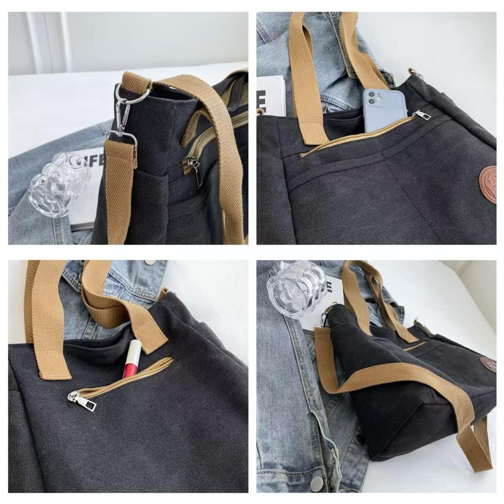 VFBNUINJKL Women's Canvas Tote Bag with Zipper, Multiple Pockets, Large Capacity, A4 Size, Lightweight, Perfect for Travel, Commuting, and School