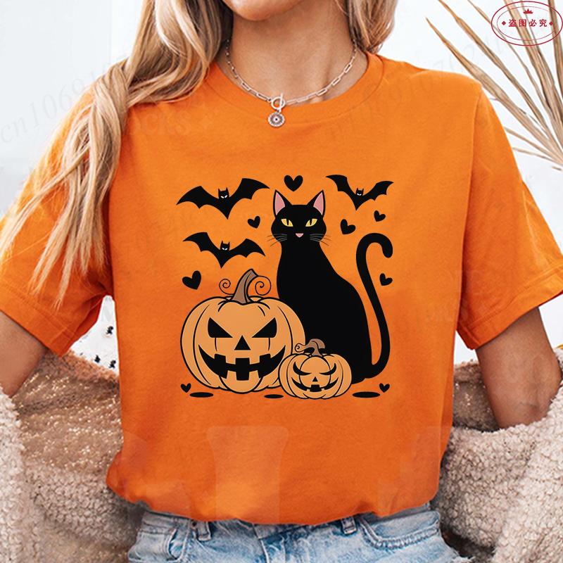 Black Cat Halloween Print Unisexs Summer Tshirt Casual Clothing Oversized Y2k Personality Short Sleeve Tops Spooky Season Tees