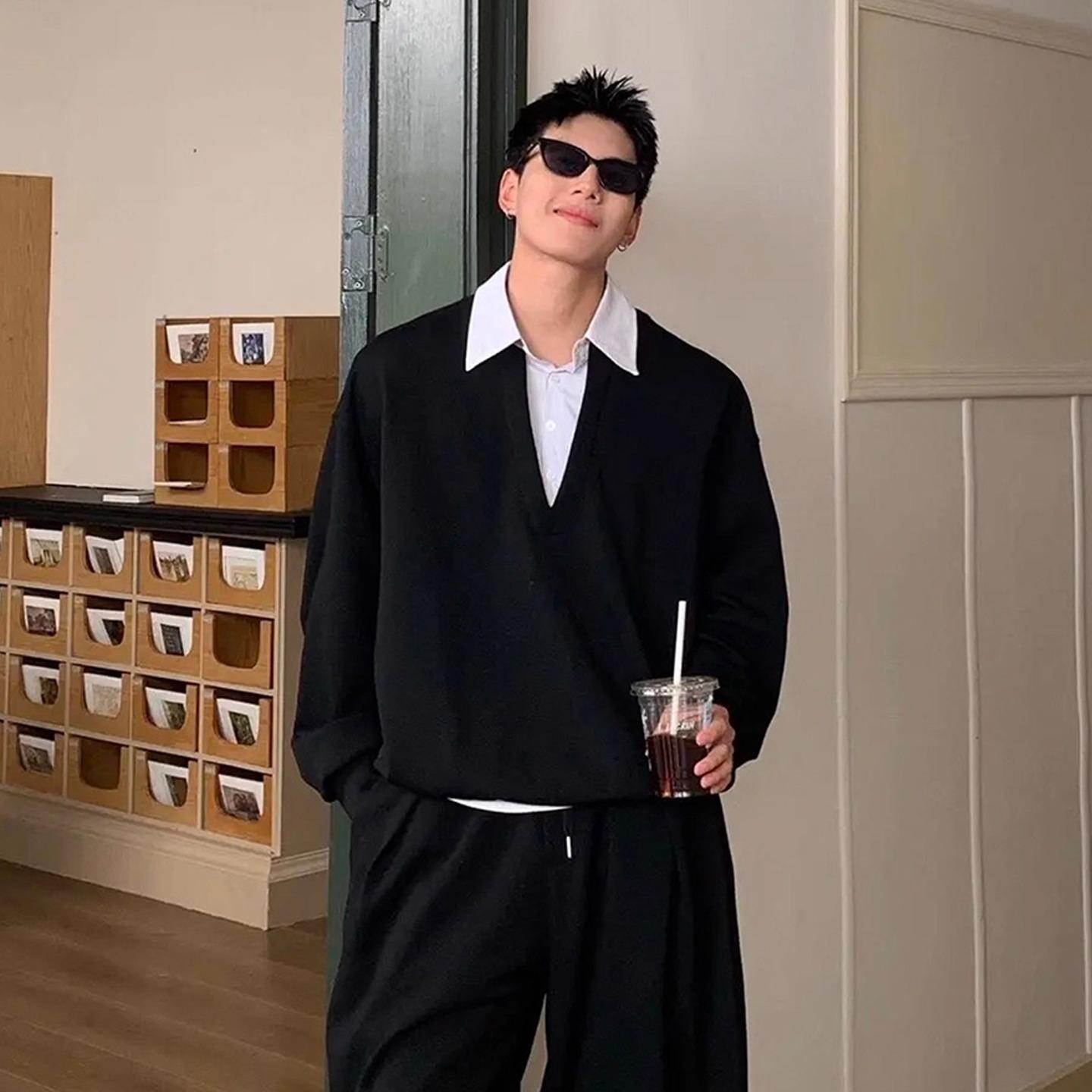 Men s Korean Style Patchwork Hoodie: Autumn-Winter Versatile Lapel Pullover. 3X Large