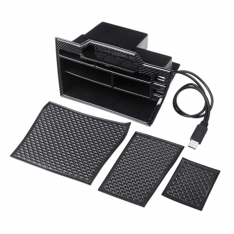 For Honda Civic 2016-19 ABS Carbon Fiber Look Inner Console Central Storage Box 1PC with USB