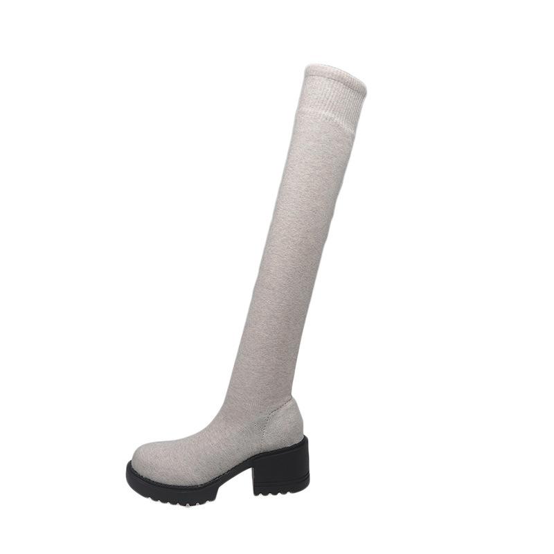 Winter Skinny Medium Heel Over Knee Socks Boots Large Size Coarse Heel Cloth Elastic Skinny Boots Women