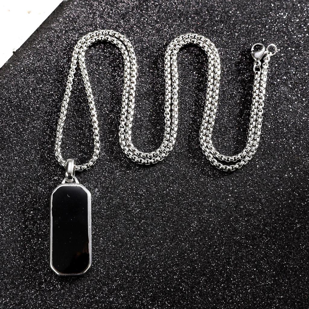 Colier cu pandantiv dreptunghiular geometric negru pentru bărbați - oțel inoxidabil, stil european și american