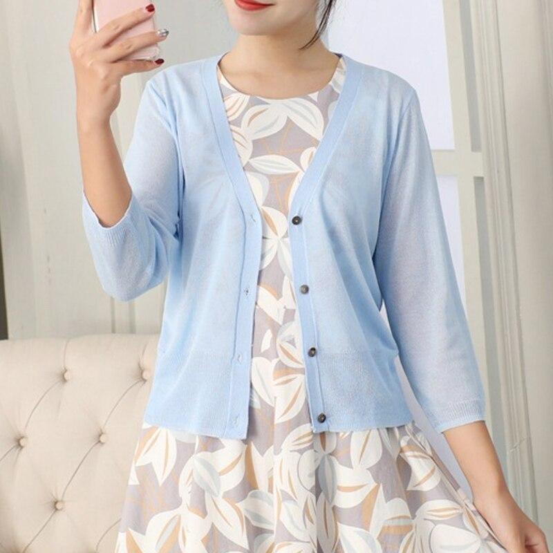 Pletený Cardigan Tenký Dámský Kabát Letní Ledový Hedvábný Svetr Klimatizace Košile Neformální Dlouhý rukáv Pletené Topy 28689