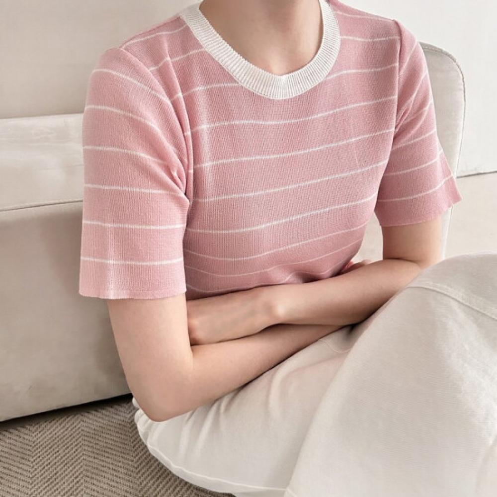 Shop Women Round Simple STripe ShorT Sleeve KniT T shirT Green 21ds Wkn 3437