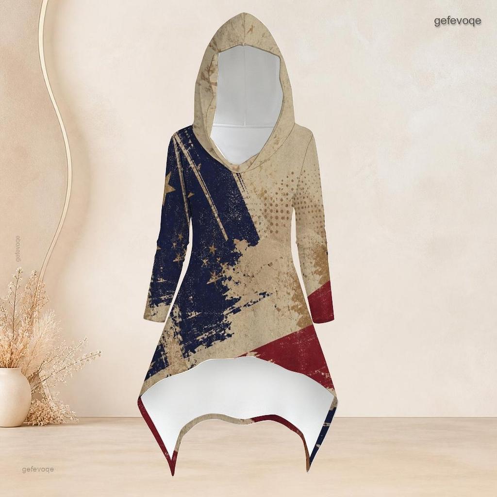Women Plus Size Hooded Long Sleeve American Flag Printed High Low Top Fitted Pants Two Piece Set