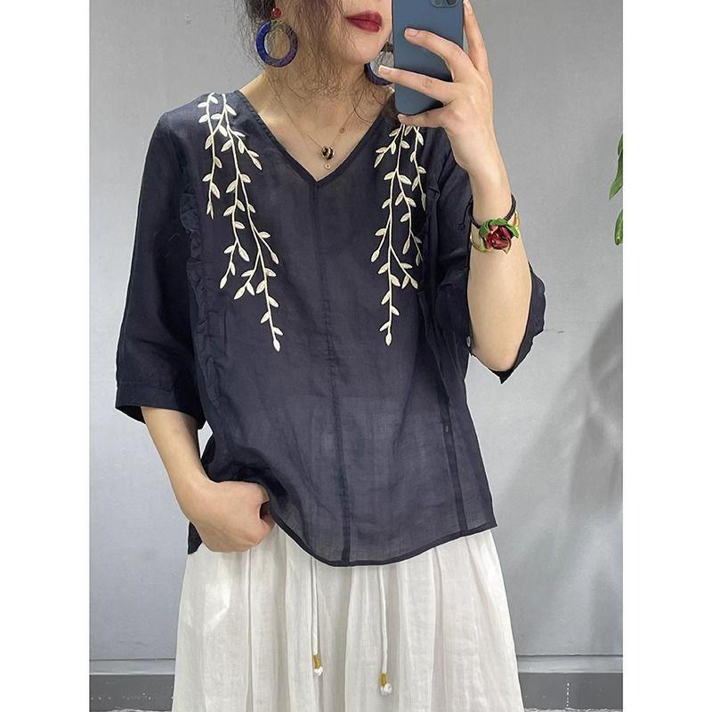 Women's V-Neck Embroidered Cotton Linen T-Shirt: Loose, Slimming, Solid Color, Five-Sleeve Summer Top