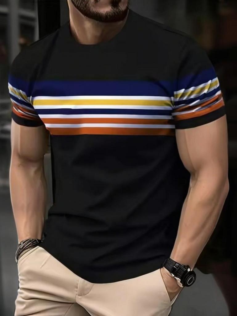 Fashion Men's T-Shirt Striped Pattern Short Sleeve Tee Summer Striped 3D Print Street Trend Simple Oversized Casual T-Shirt Men