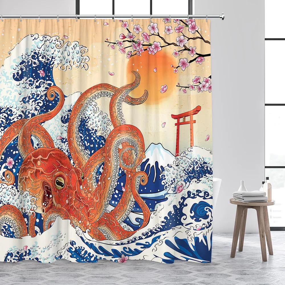 Japanese Style Shower Curtain Octopus Koi Fish Sea Waves Cherry Blossom Abstract Mountain Ink Art Curtains Fabric Bathroom Decor
