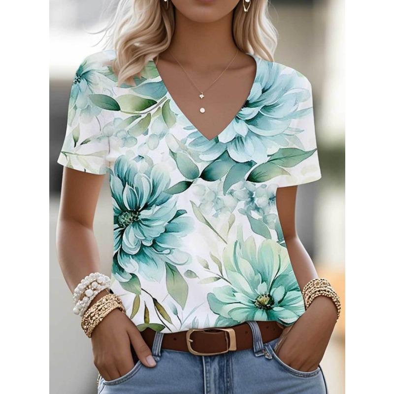 

Casual Short Sleeve V-Neck T-Shirt for Women Featuring a 3D Floral Design, Large Blue Flower Pattern S