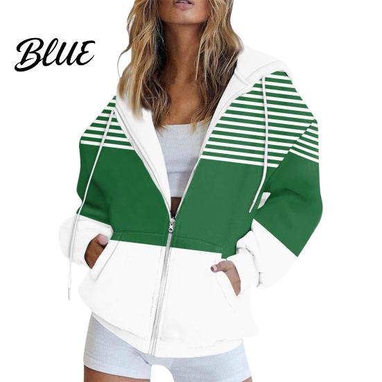 Loose Fit Women Jacket Fall Winter Hoodie Zipper Closure Casual Breathable Striped Coat with Pockets Drawstring Hooded Long Sleeves Top