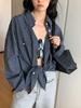 LOOPIN Retro Blue Plaid Long Sleeve Loose Shirt for Women - Casual & Versatile