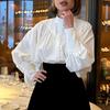 White Casual Loose Puff Sleeve Stand Collar Vintage Commuter Shirt