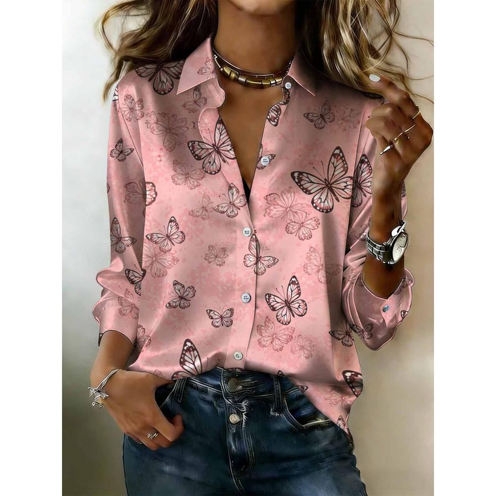 Women's Butterfly Print Blouse with Lapel Buttons, Suitable for Daily Wear, Office Settings, and Semi-formal Occasions As an Outer Garment.