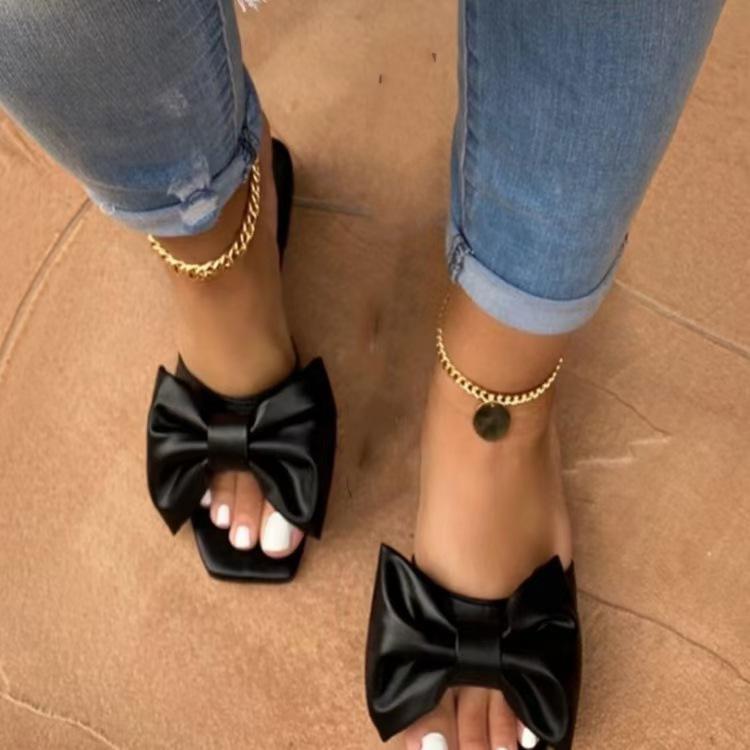 Fashion Women's Slippers Pink Leather Flat Slippers for Women Summer Square Toe Bow Sandals Woman Slides Outdoor Non-slip Beach Slippers