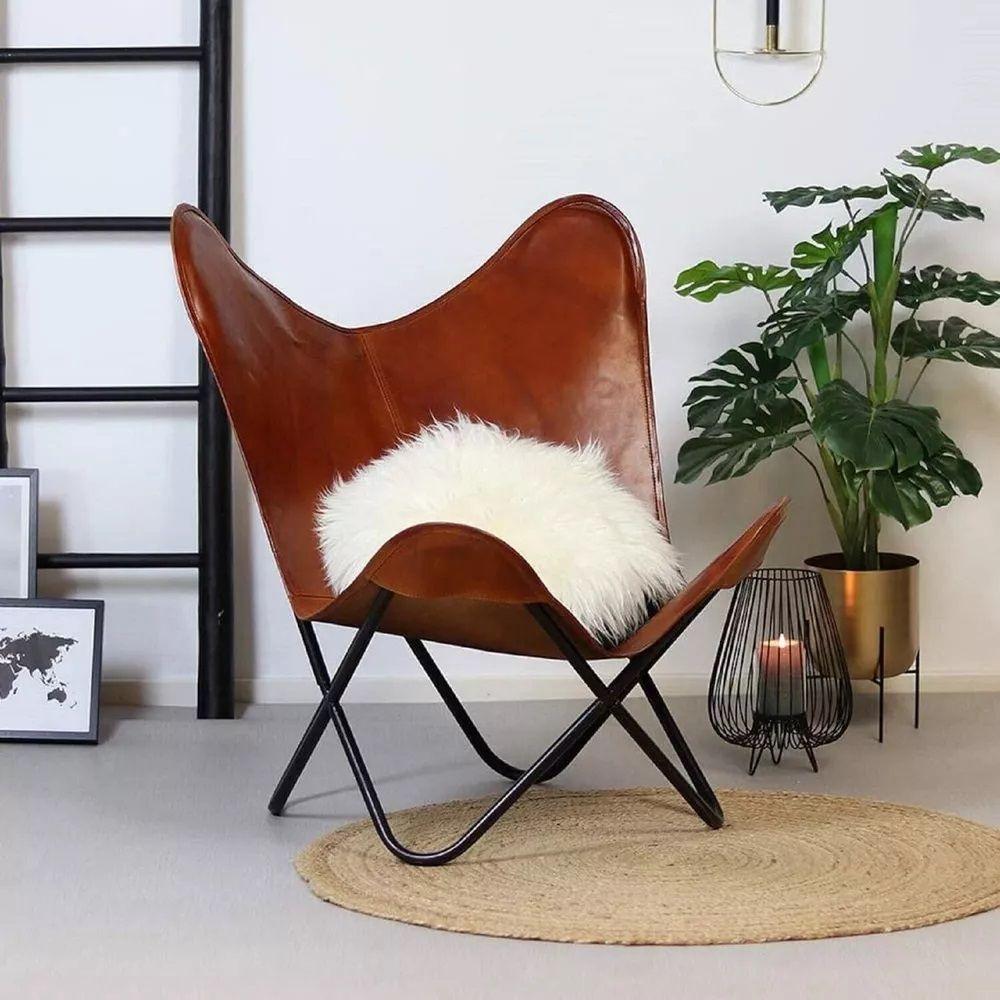 Brown Vintage Leather Arm Butterfly Chair Classy & Handmade Chair with Stand