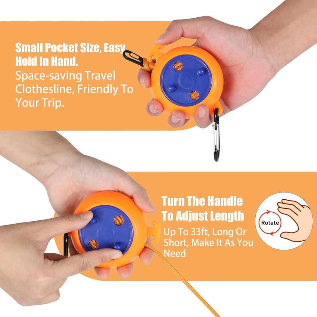 Retractable Travel Clothes Cord Adjustable 32ft/10M Camping Clothesline Laundry Drying Rope for Hotel Trip Outdoor Washing Lines