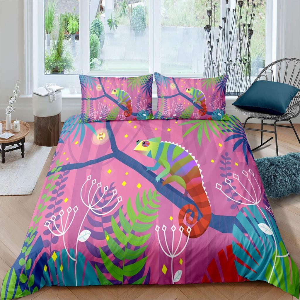 Lizard Duvet Cover Set Reptile Bedding Sets King Size for Boys Girls Toad Tropical Animal Purple Floral Exotic Comforter Cover