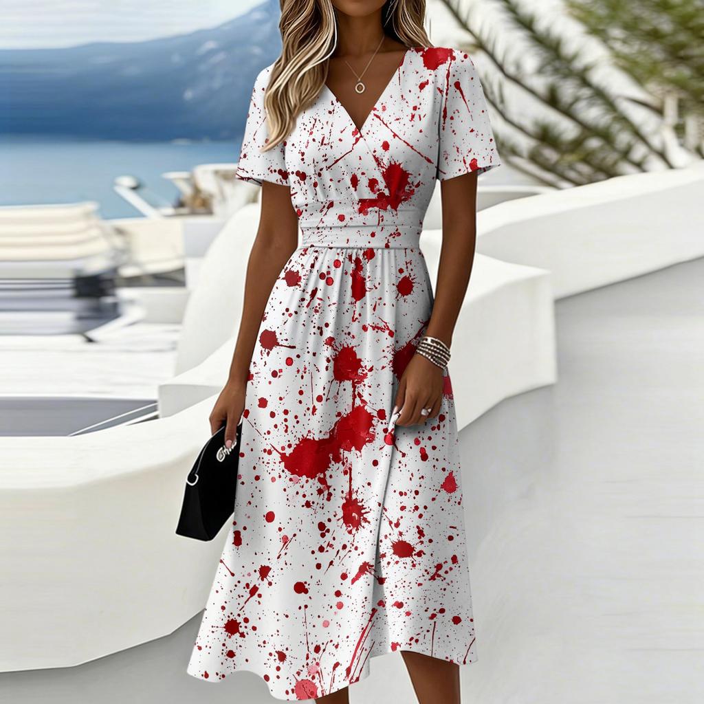 Women’s V Neck Short Sleeve Casual Dress with and Floral Print for Halloween Costumes Halloween Costumes Outfits Halloween Costumes Party Wear