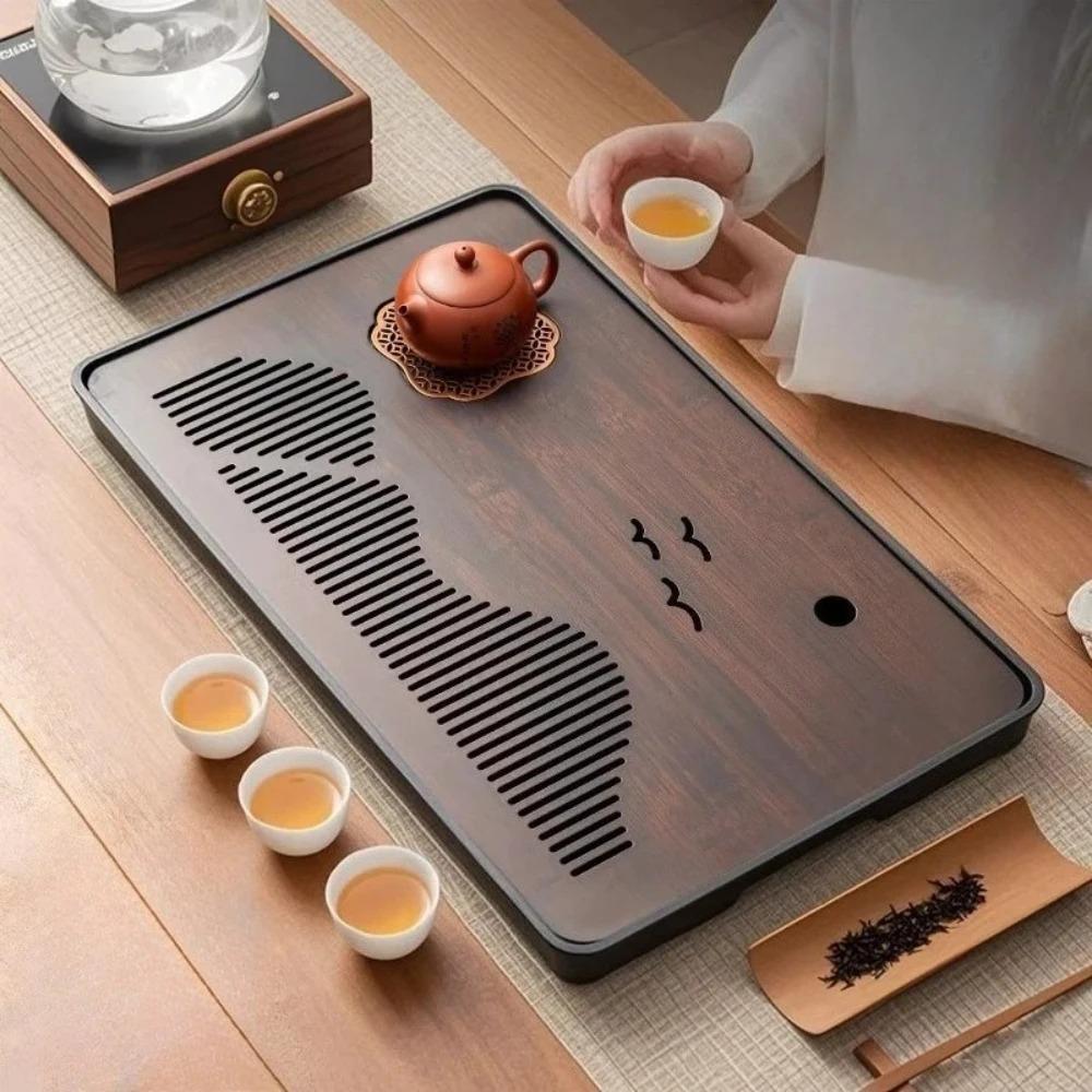 Mountain Bird Pattern Bamboo Drain Tea Tray Rectangular Water Storage Tea Tray Easy To Clean