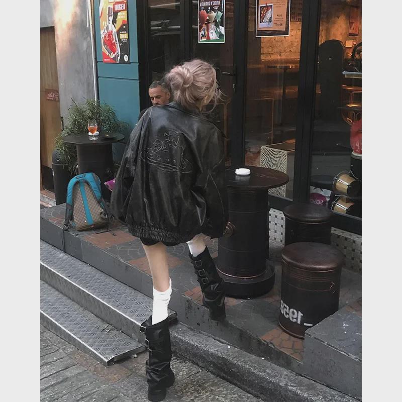 Geacă de piele retro de motocicletă pentru femei 2024 - Design larg, plisat