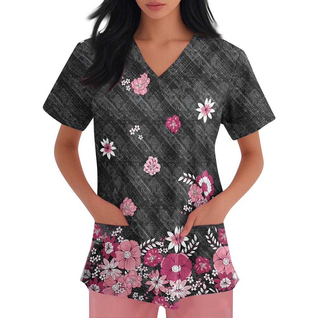 Women's V-neck Cartoon Printed Short-sleeved Pocket Side-slit Protective Suit Top