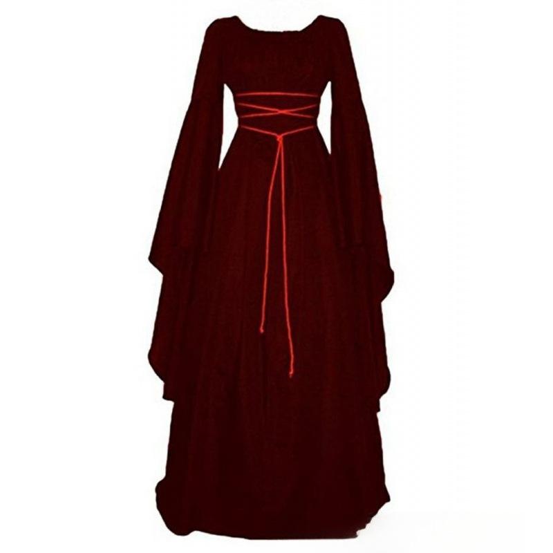 Dámský halloweenský kostým s dlouhým rukávem, kulatým výstřihem, šněrováním v pase, nepravidelné šaty, středověké retro elegantní večerní šaty