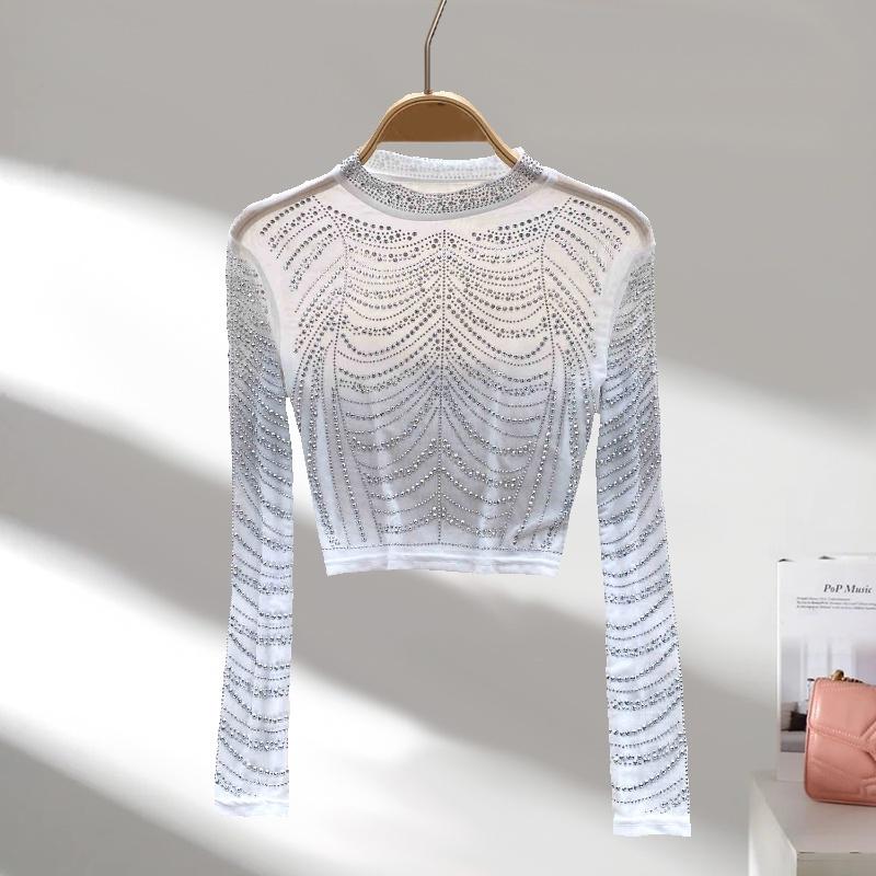 

Модная женская футболка с длинными рукавами, новая прозрачная сексуальная сетчатая короткая футболка, женская облегающая тонкая элегантная повседневная простая футболка с круглым вырезом 3518 L белый