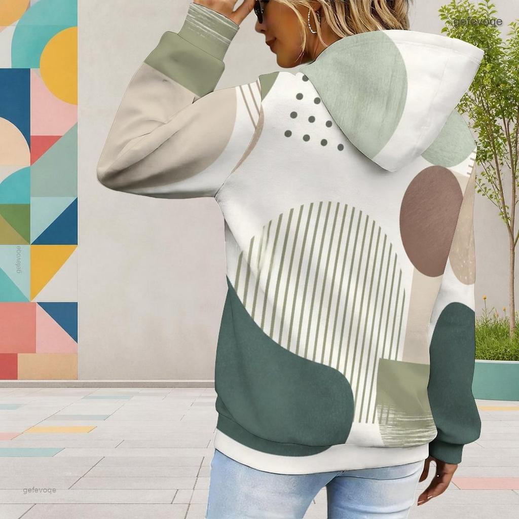 Women s Plus Size Long Sleeve Drawstring Hoodie Geometric Leaf Printed Pullover With Kangaroo Pocket