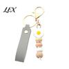 Flower Charm with Wood Beads Silicone Keychain Faux Leather Wristlet, Car Key Floral Ring Pendant Pendant, Handbag Backpack Women