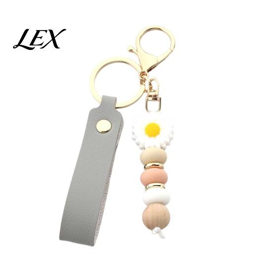 Flower Charm with Wood Beads Silicone Keychain Faux Leather Wristlet, Car Key Floral Ring Pendant Pendant, Handbag Backpack Women