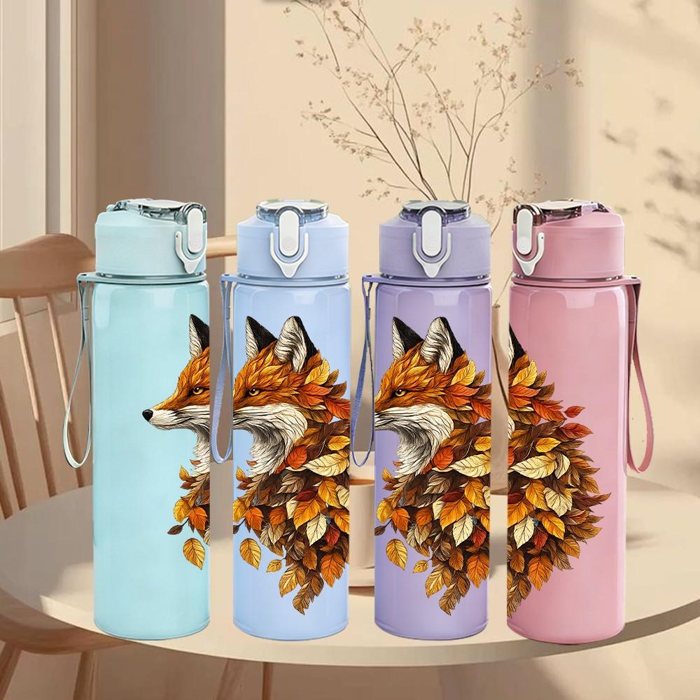 1PC Autumn Leaf Fox Animal Print 750ml Color Plastic Sports Water Bottle Leakproof Flip Straw Lid Suitable for Sports Office Home Use