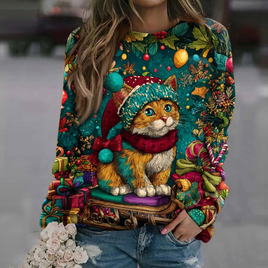 Women's Fashion Casual Long Sleeve Christmas Printed Neck Sweatshirt Top