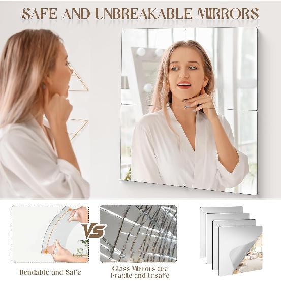 4 Pack Self Adhesive Acrylic Mirror, 8 x 8 Inch Frameless Shatterproof Stick on Mirrors for Wall, Flexible Plastic Wall Mirrors for Home Gym,