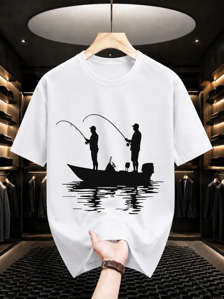 2026 New Cotton Tshirt Duo Fishing On A Boat Silhouette Print Crew Neck Short Sleeve Casual Trendy Wear
