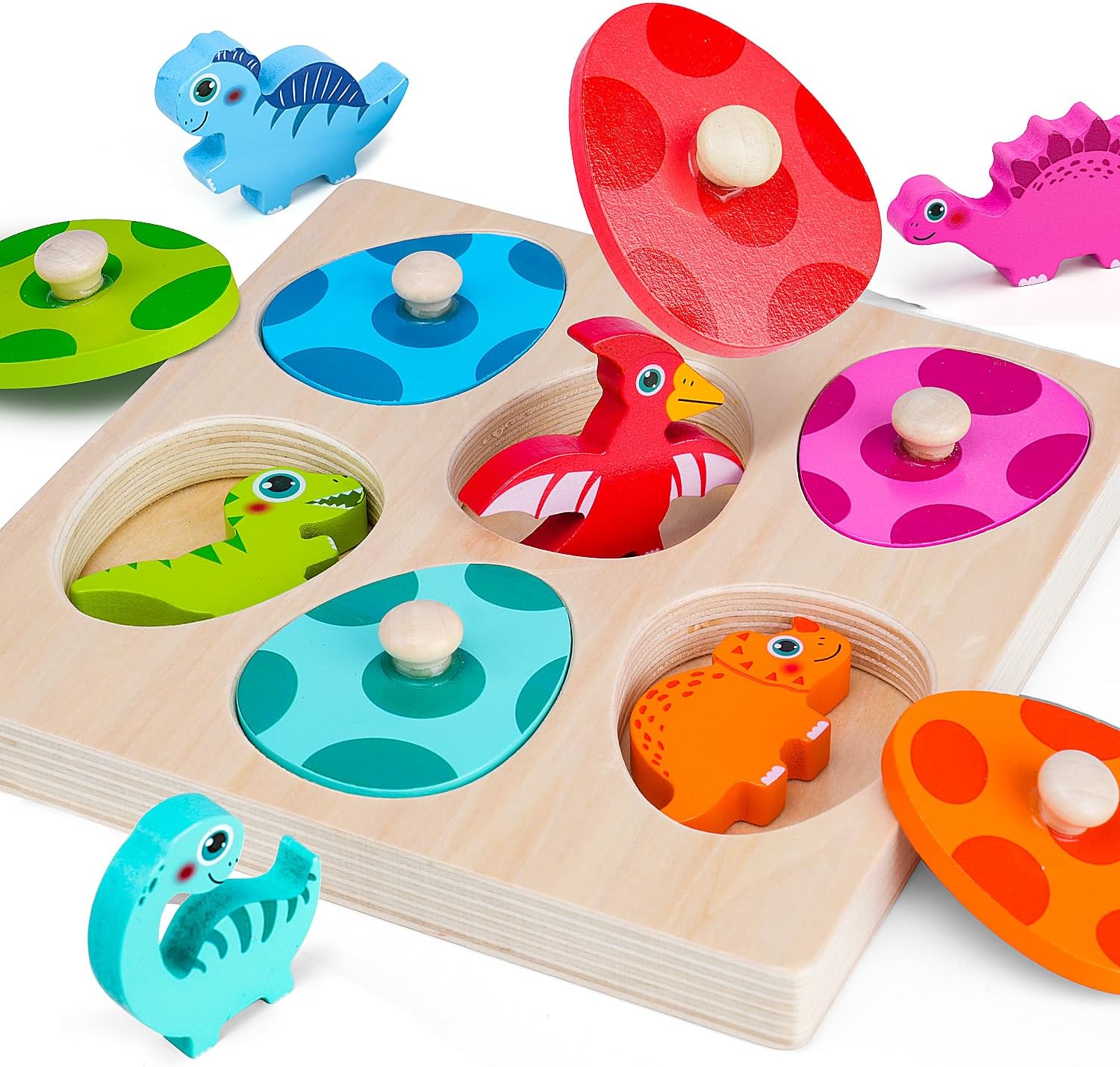 Wucifang Jewelry Montessori Wooden Dinosaur Puzzles For Toddlers Educational Matching Eggs Peg Toys Kids Learning Gifts