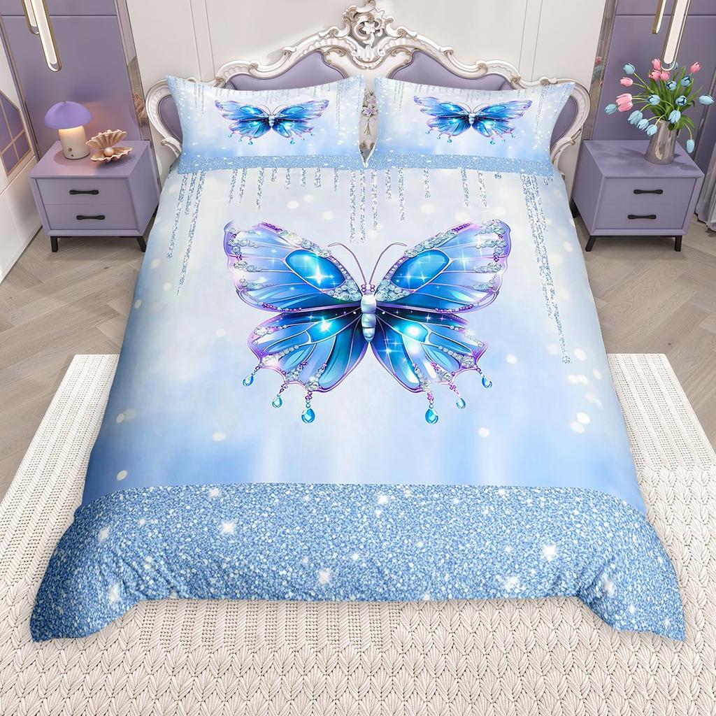 Homewish Girls Butterfly Duvet Cover Set, Chic Glitter Sequin Print Bed Set, Wild Animal Quilt Cover Set