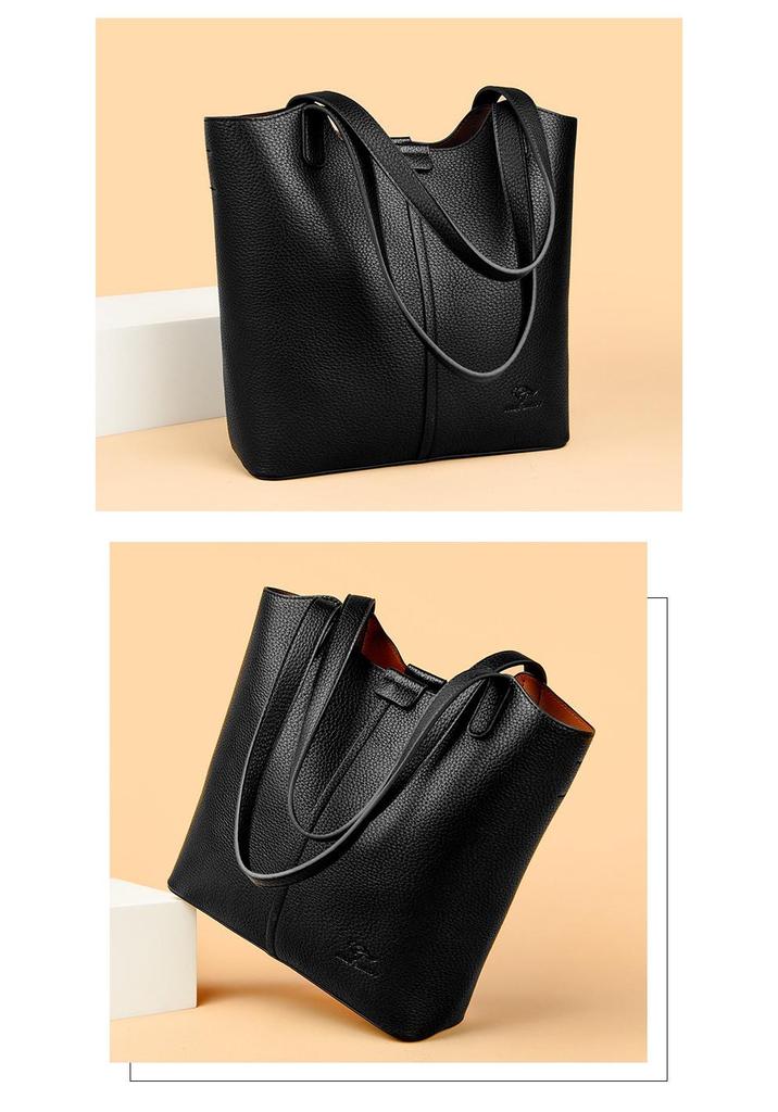 Women's Soft Leather Tote Bag - Stylish Simple Solid Color, Large Capacity, Single Shoulder for Work and Commute.