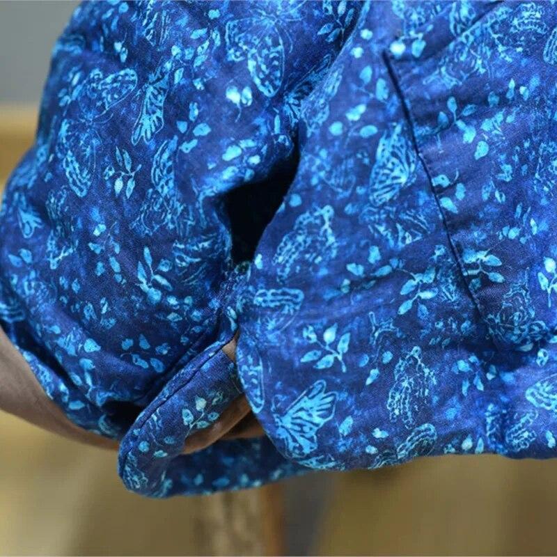 Johnature Dámské lněné zimní parky v čínském stylu s květinovým potiskem, s kulatým výstřihem a dlouhým rukávem, vintage teplé dámské parky