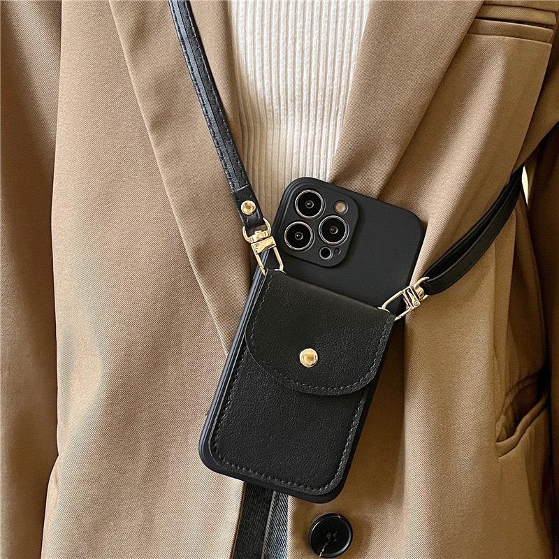 Crossbody Leather Cord Phone Case for IPhone17promax Button Coin Purse Card Holder for Apple 16 Precision Hole Silicone