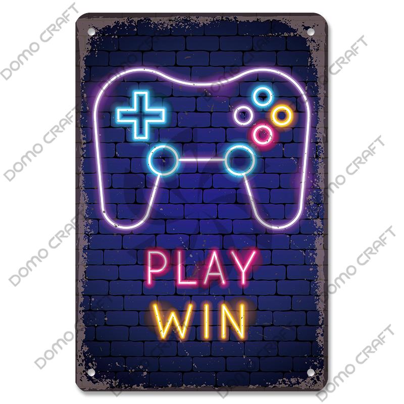 Poster Neon pentru jocuri video Placă metalică Gamer Play Win Game Zone Semne de tablă din metal Decor de perete retro Sala de jocuri Bar Pub Peștera omului